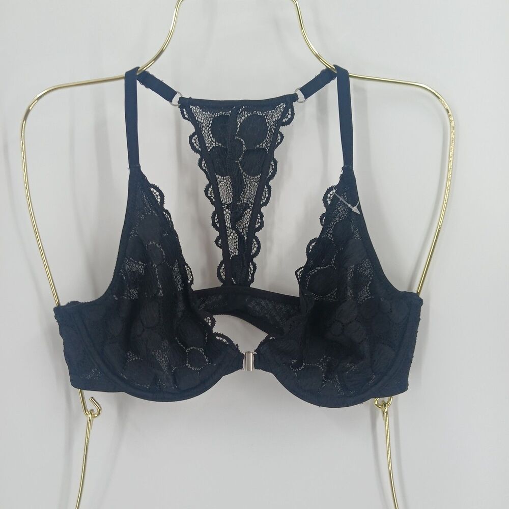 Happy Bra Black Lace Strappy Bralette Womens Size 34C Wireless Everyday Lingerie